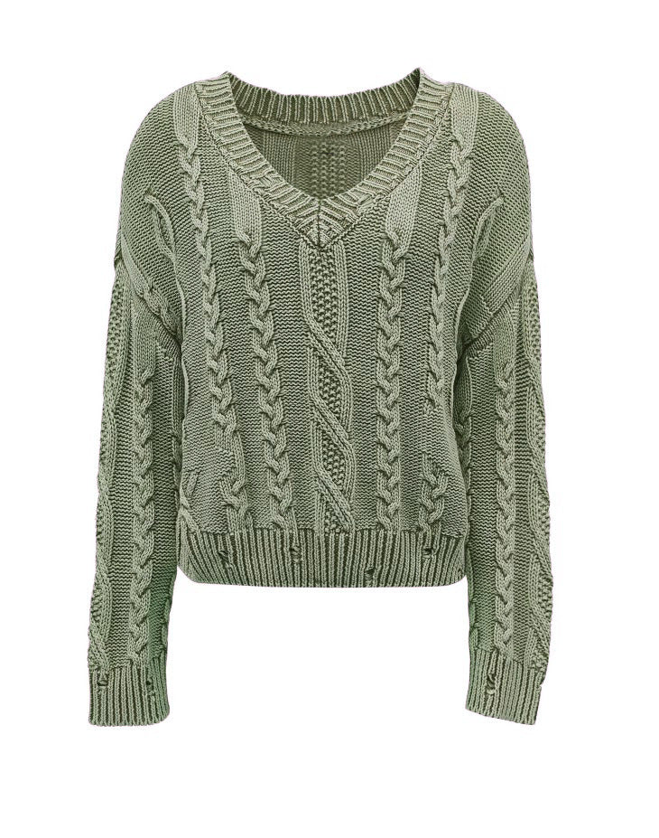 Damen Grobstrickpullover V-Ausschnitt Zopfmuster Eveloria
