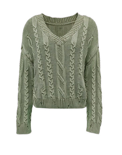 Damen Grobstrickpullover V-Ausschnitt Zopfmuster Eveloria
