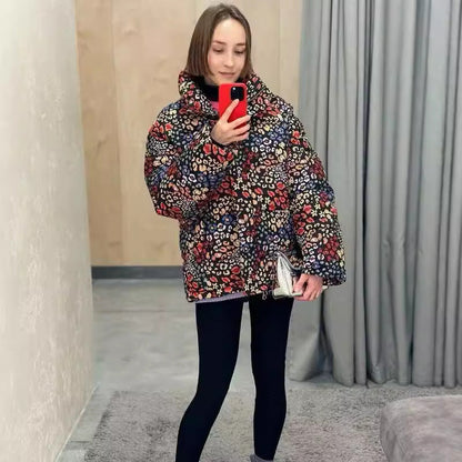 Damen Leichte Steppjacke Leopardenmuster mit Taschen
