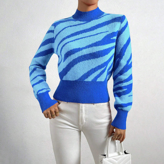 Eveloria Damen Strickpullover Zebra-Muster Semihoher Kragen - Eveloria