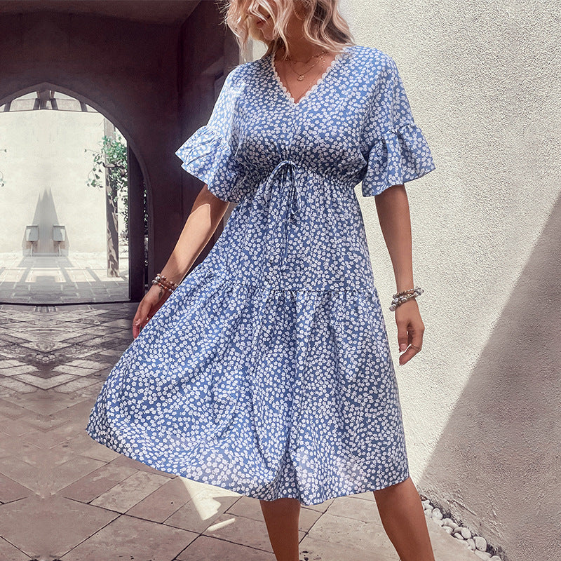 Damen Sommerkleid Taillenknoten Volumöser Rock Eveloria