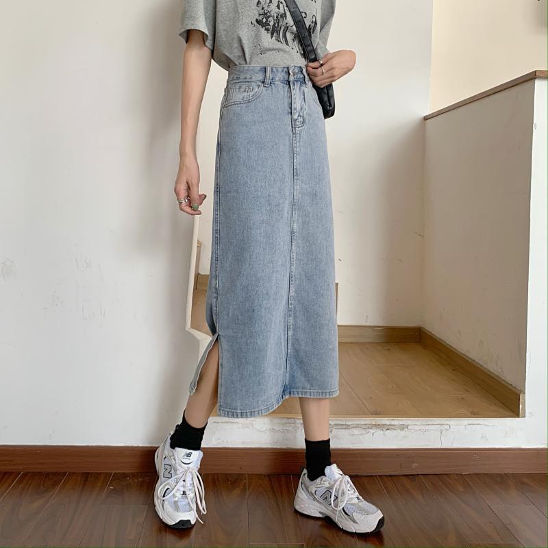 Damen Denim-Rock Lang mit Schlitz Eveloria