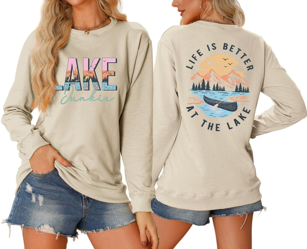 Damen Langarmshirt Lake-Motiv Leicht Baumwolle Weiß