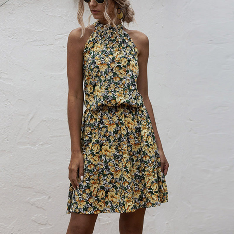Damen Sommerkleid Blumenmuster Elastisch Hochkragen