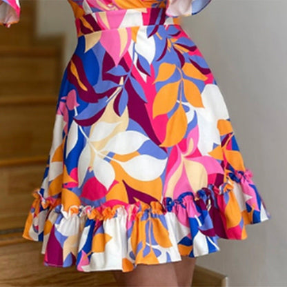 Damen Sommerkleid Puffärmel Rüschen Saum