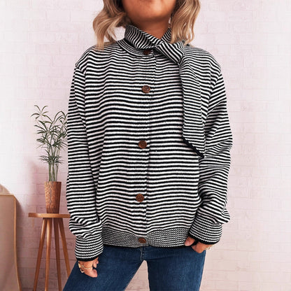 Damen Strickcardigan Gestreift Hochkragen Dekorative Knöpfe - Eveloria