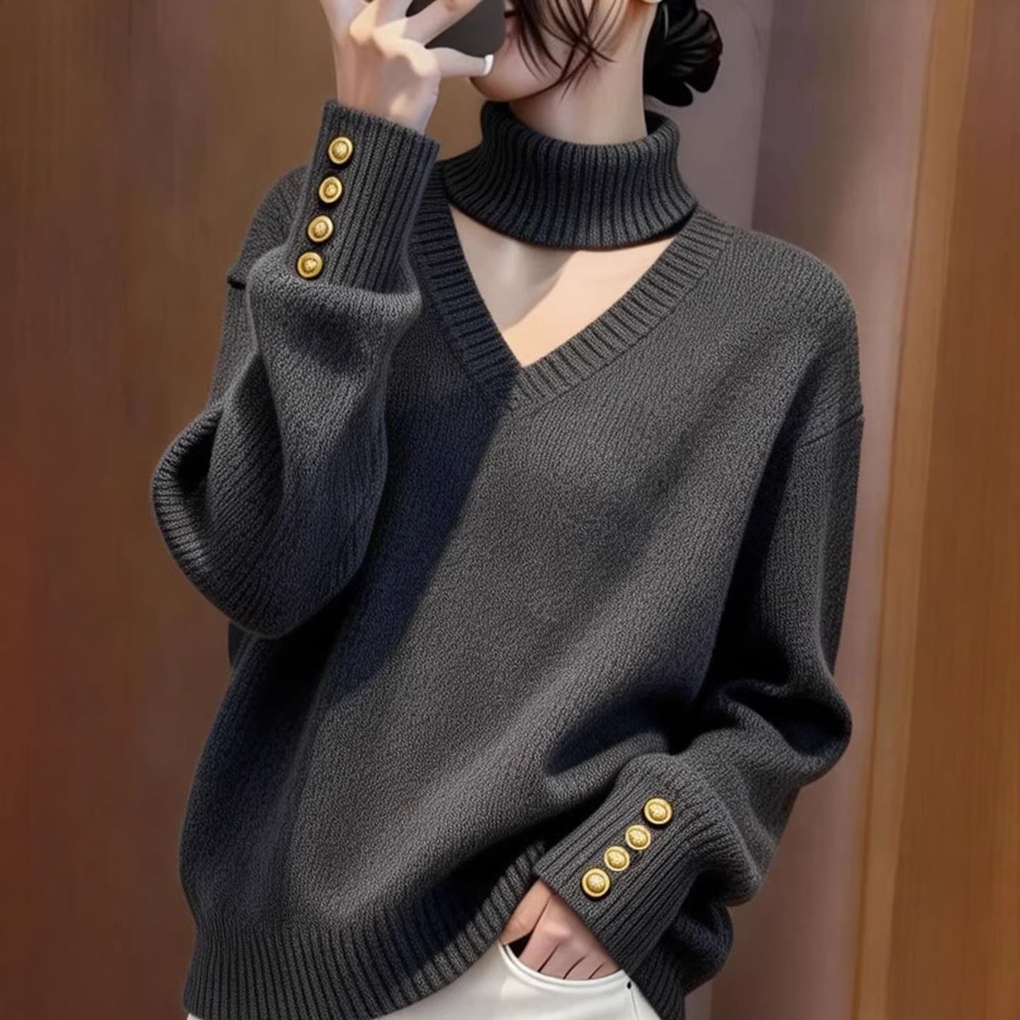 Damen Strickpullover Rollkragen Knöpfe Eveloria
