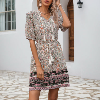 Damen Sommerkleid Rüschendetails Verstellbarer Taillenzug Eveloria - Eveloria