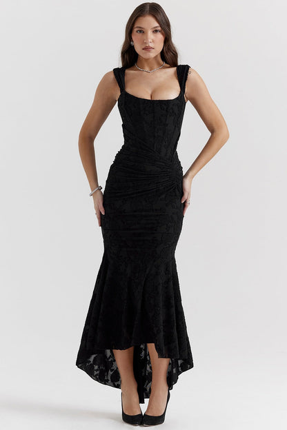 Damen Maxikleid Bateau Ausschnitt Floral Asymmetrisch