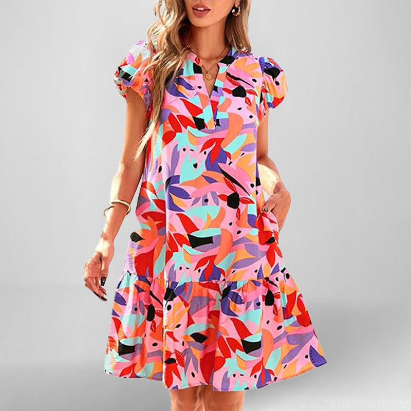 Damen Kleid Kurzarm Fließend Rüschensaum Eveloria