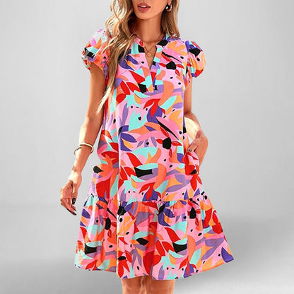 Damen Kleid Kurzarm Fließend Rüschensaum Eveloria