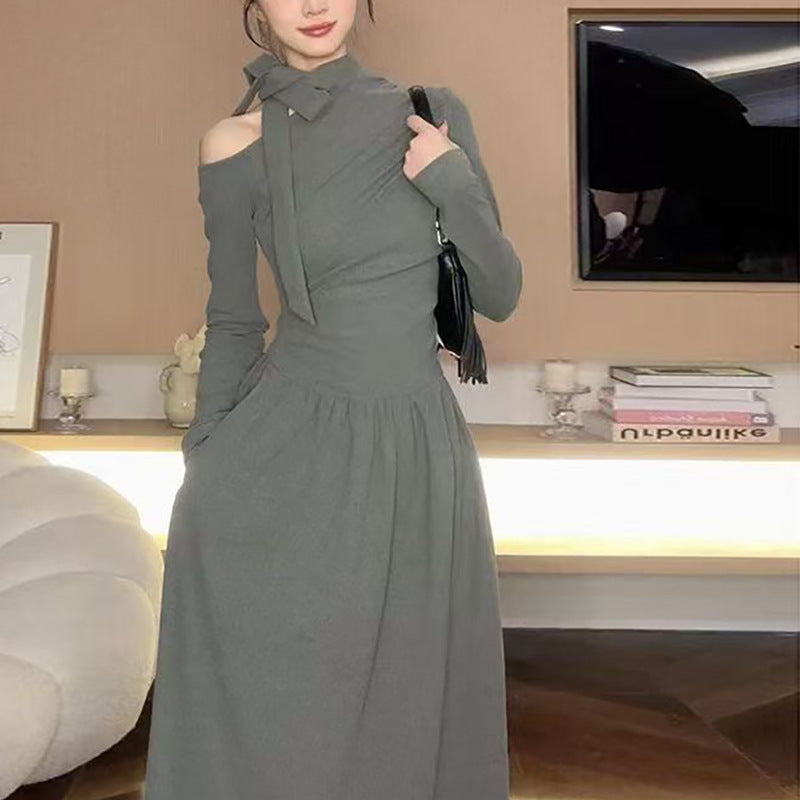 Damen Kleid Asymmetrischer Ausschnitt Elegantes Schleifendesign - Eveloria