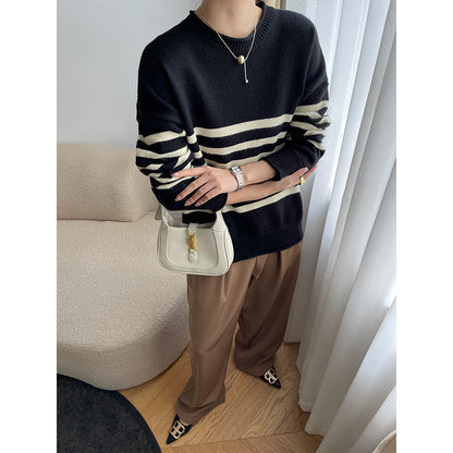 Damen Pullover Gestreift Rundhals Feinestricks weiß