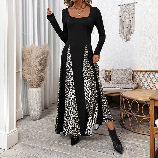 Damen Maxikleid Tiermuster Ärmel Kontrast Schwarz - Eveloria