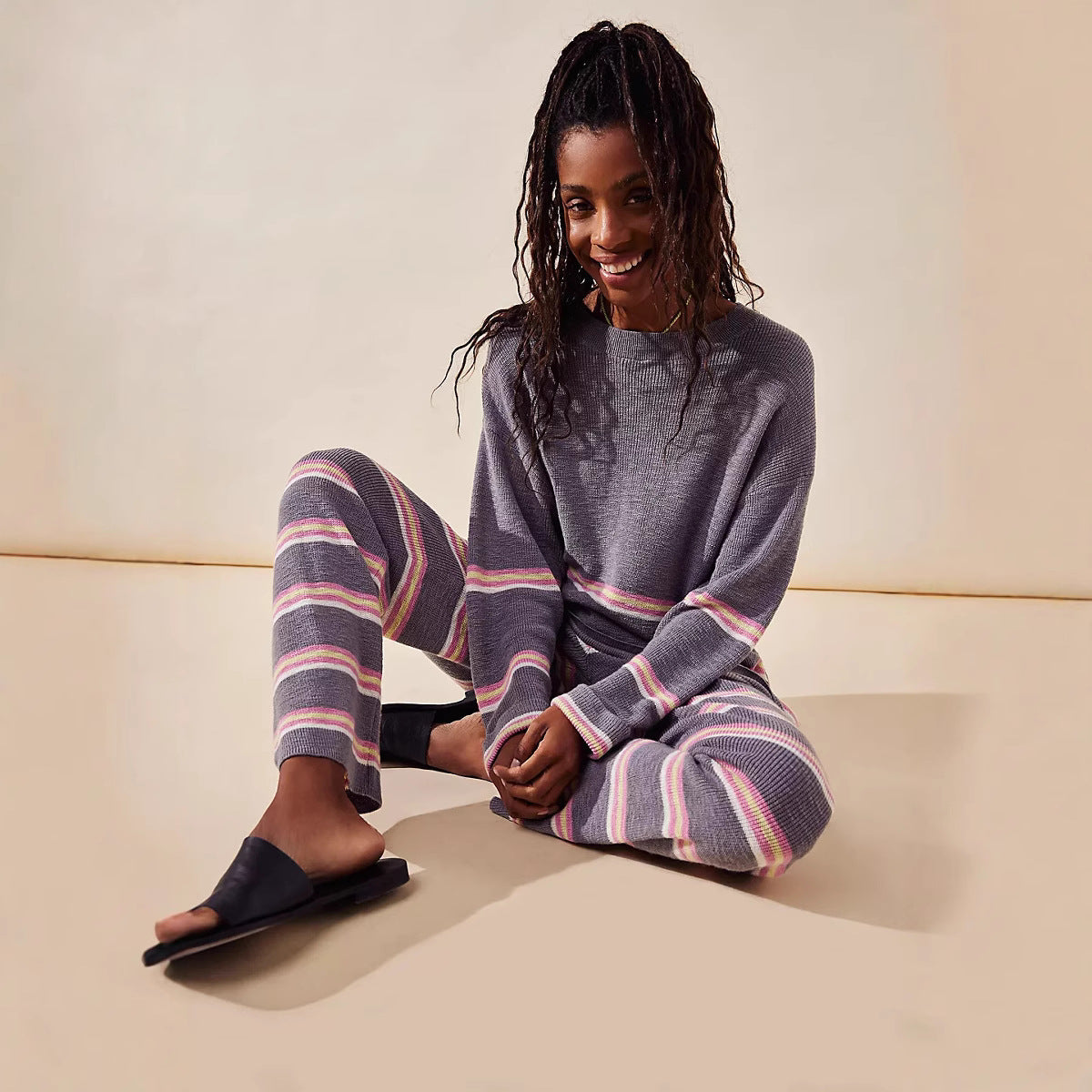 Damen Loungewear Set Streifen Weit Oberteil Bequeme Hosen