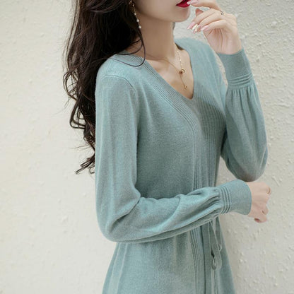 Damen Strickkleid Taillierbarer Gürtel Fein Strukturiert Anthrazit