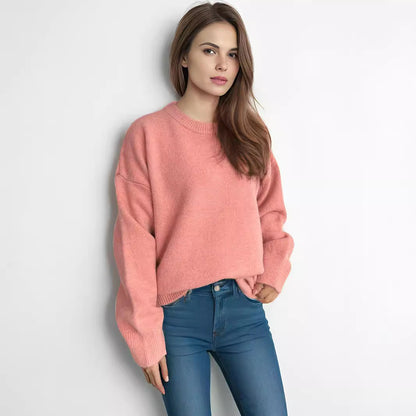Damen Oversized Strickpullover Weicher Baumwollmix Lässig Beige