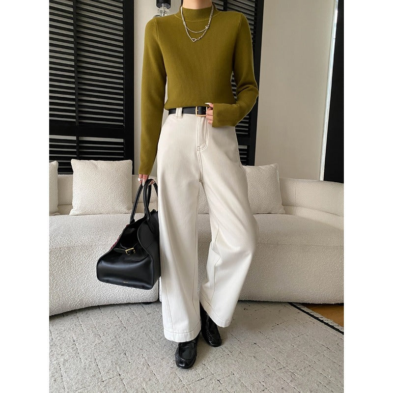 Damen Strickoberteil Figurbetont Hohem Kragen Rippdetails Elegant