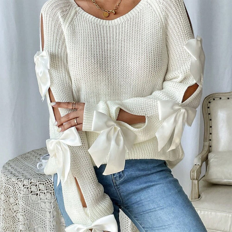 Damen Strickpullover Offene Ärmel Dekorative Schleifen Details - Eveloria