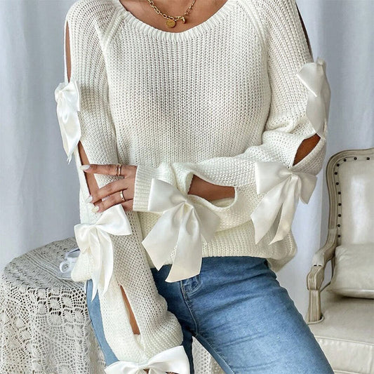 Damen Strickpullover Offene Ärmel Dekorative Schleifen Details - Eveloria