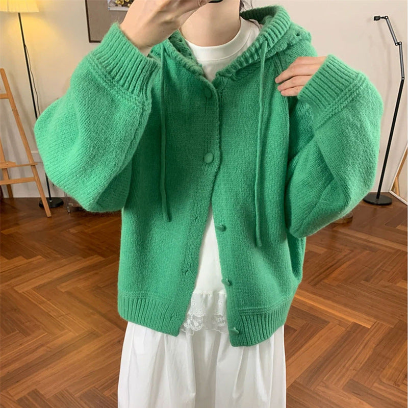 Damen Oversized Cardigan mit Kapuze und Knöpfen Kuschelig Grau