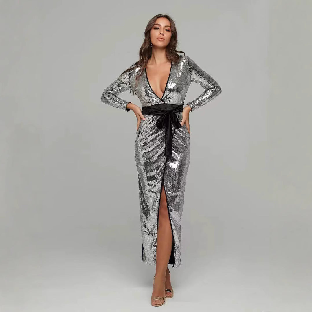 Damen Abendkleid Glitzernd V-Ausschnitt Elegante Schärpe Eveloria - Eveloria