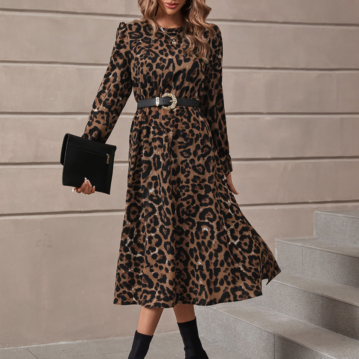 Damen Maxikleid Leopardenmuster Puffärmel