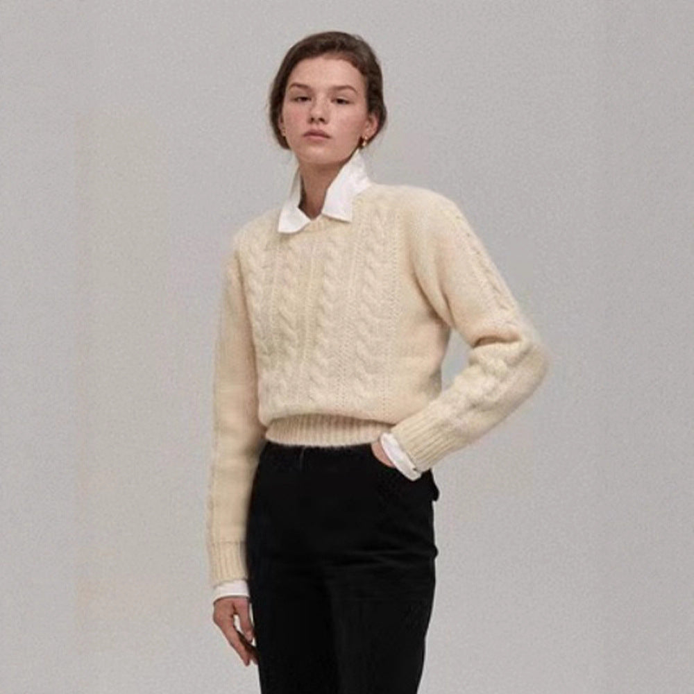 Damen Strickpullover Zopfmuster Kuschelfleece Beige