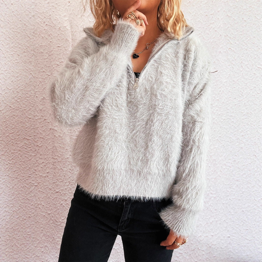 Damen Pullover Hohler Kragen Reißverschluss Kuschelig Grau Eveloria