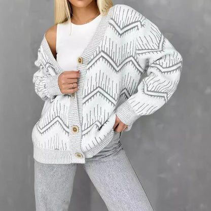 Damen Strickjacke Zigzag Muster Knöpfe Anthrazit