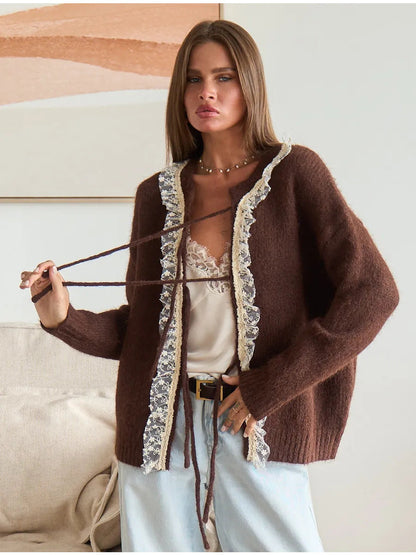 Damen Strickcardigan Feine Spitze Elegant Grau