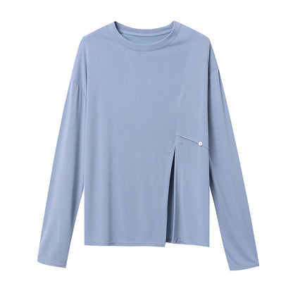Damen Oberteil Langarm Asymmetrisch Knopfdetails Eveloria