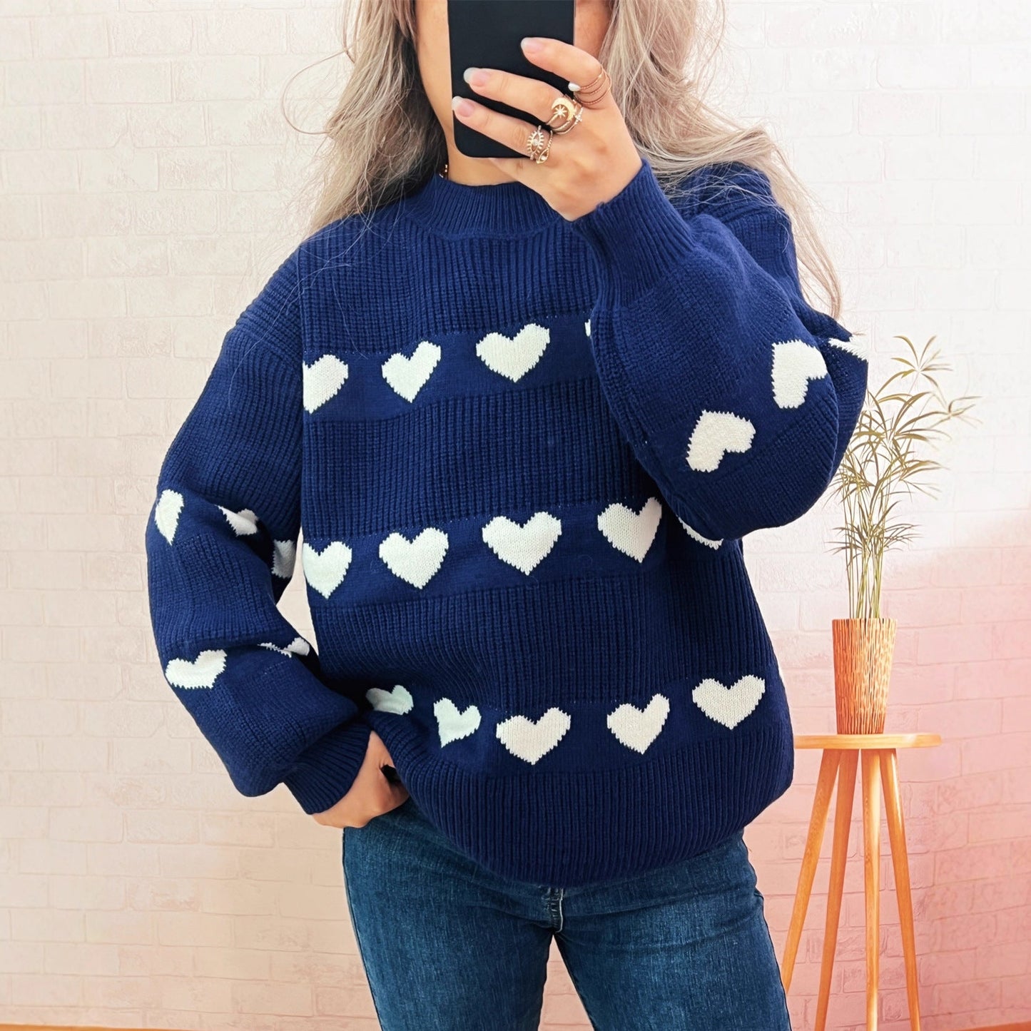 Damen Pullover Herzmuster Eveloria