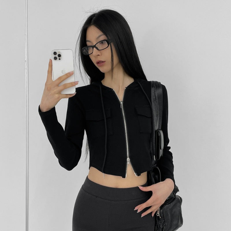 Damen Cropped Freizeitjacke Reißverschluss Kapuze Eveloria