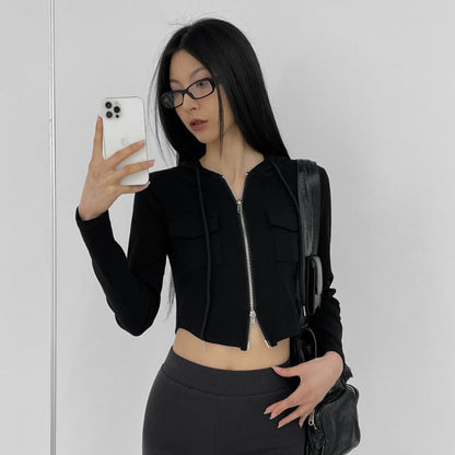Damen Cropped Freizeitjacke Reißverschluss Kapuze Eveloria