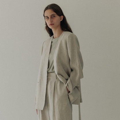 Damen Leinenblazer Elegantes Design Ohne Verschluss Beige