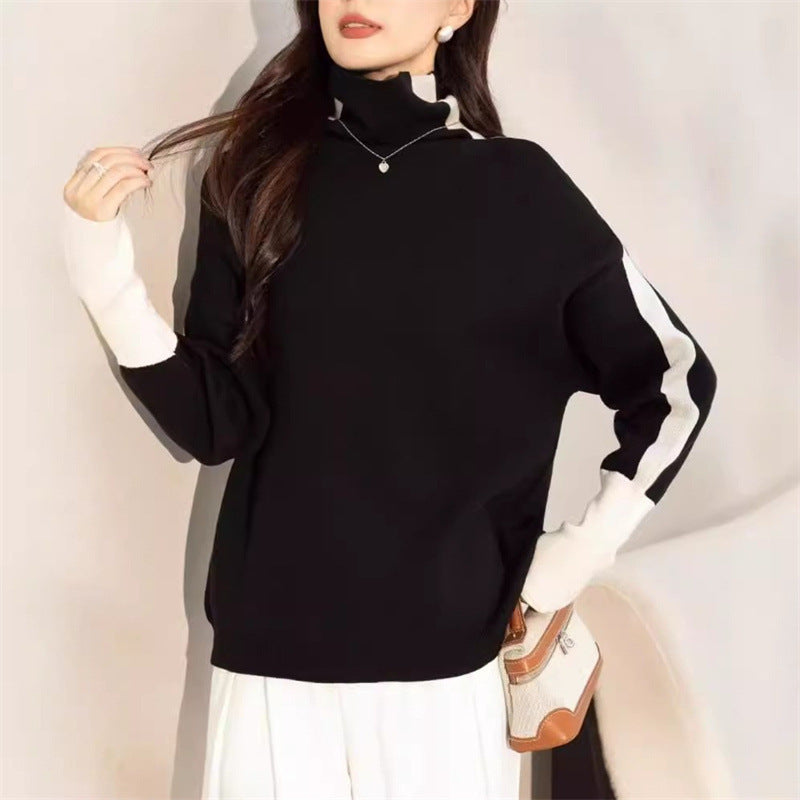 Damen Rollkragenpullover Lässig Kontrastärmel Eveloria