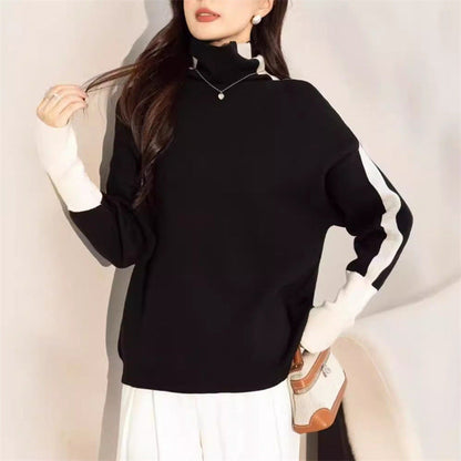 Damen Rollkragenpullover Lässig Kontrastärmel Eveloria