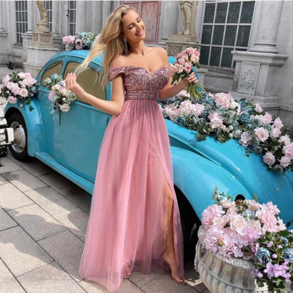 Damen Abendkleid Schimmerndes Oberteil Tüllrock Schwarz Eveloria - Eveloria