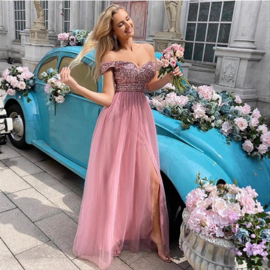 Damen Abendkleid Schimmerndes Oberteil Tüllrock Schwarz Eveloria - Eveloria