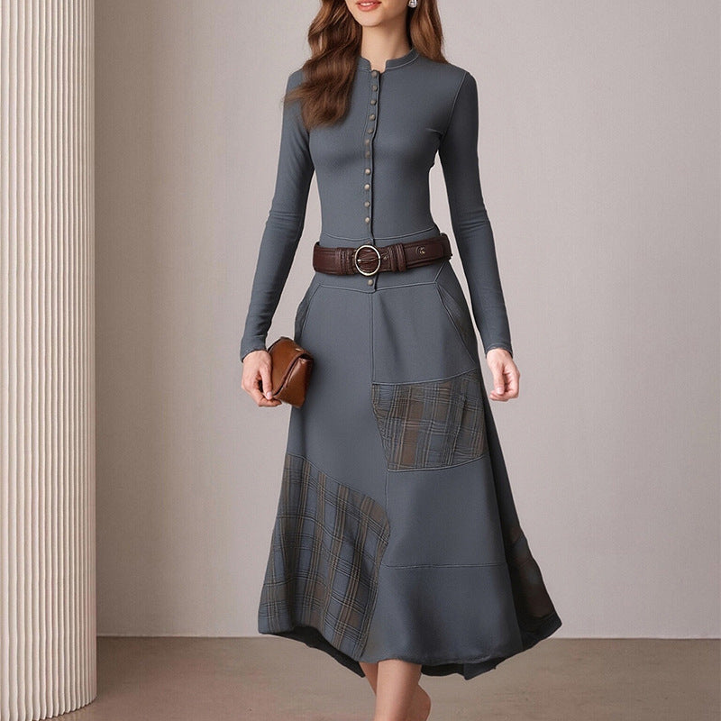 Damen Elegantes Midi-Kleid Knopfleiste Kontrastdetails