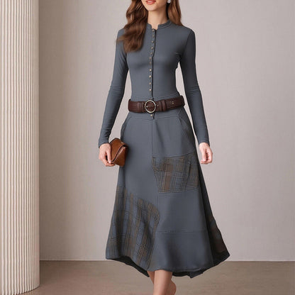 Damen Elegantes Midi-Kleid Knopfleiste Kontrastdetails