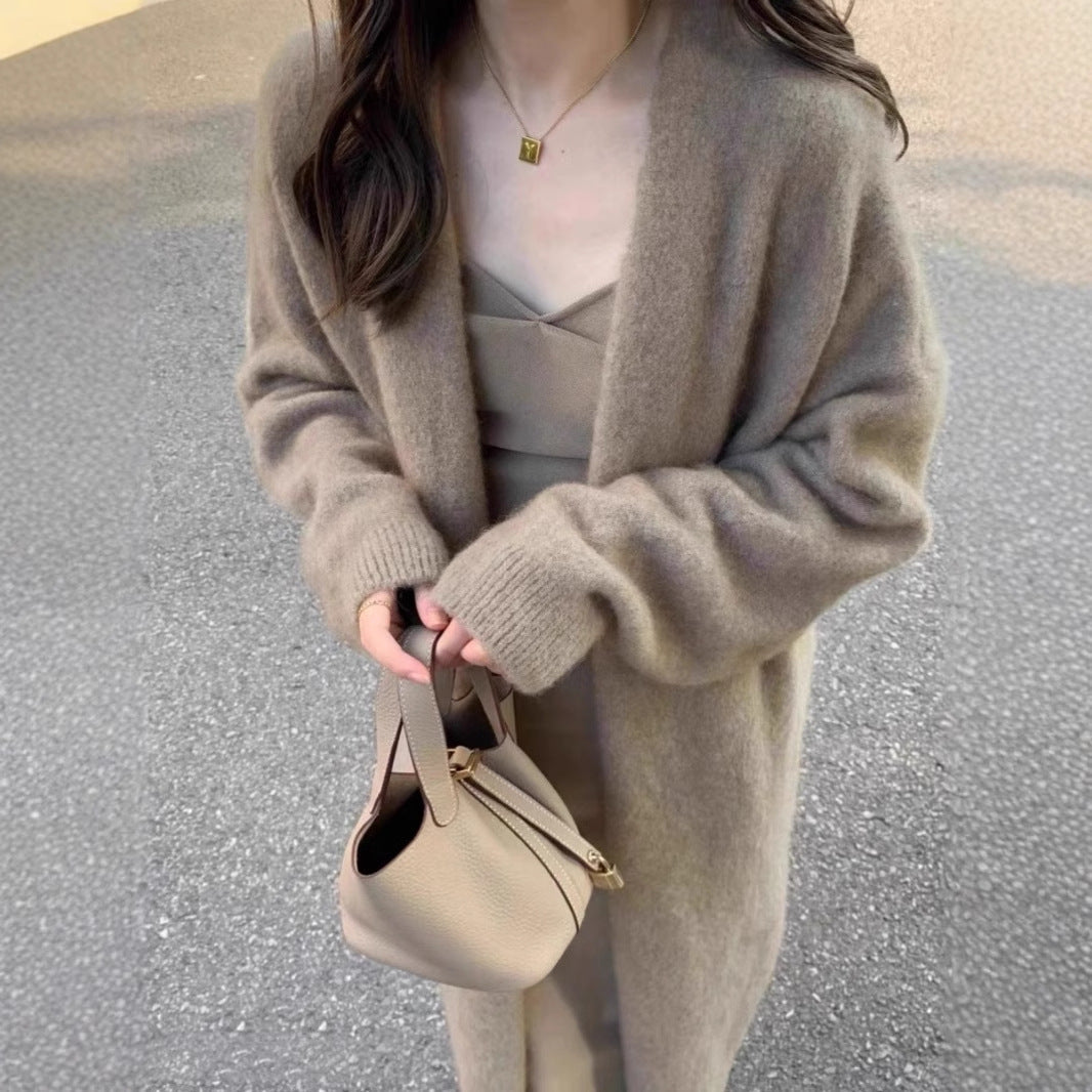 Damen Strickmantel Lang aus Merino-Wolle mit Taschen Beige