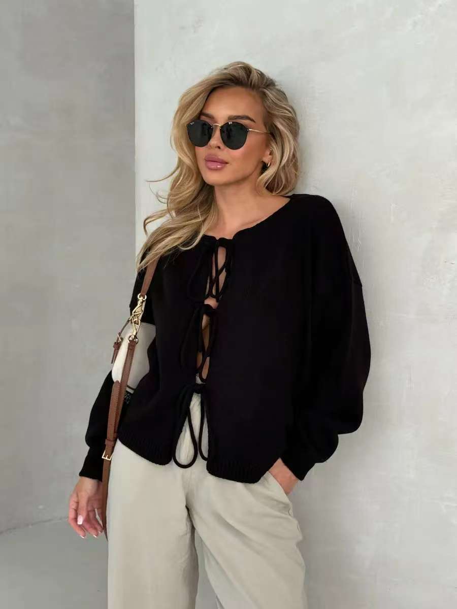 Damen Grobstrickpullover Lässig Bindebänder Beige