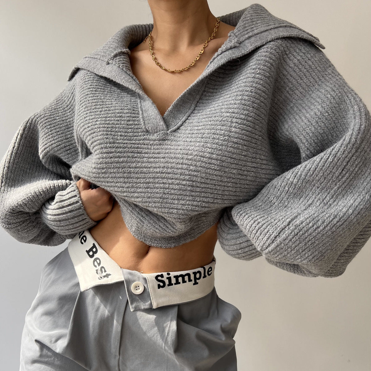 Damen Cropped Pullover Hochärmelig aus Kaschmir grau
