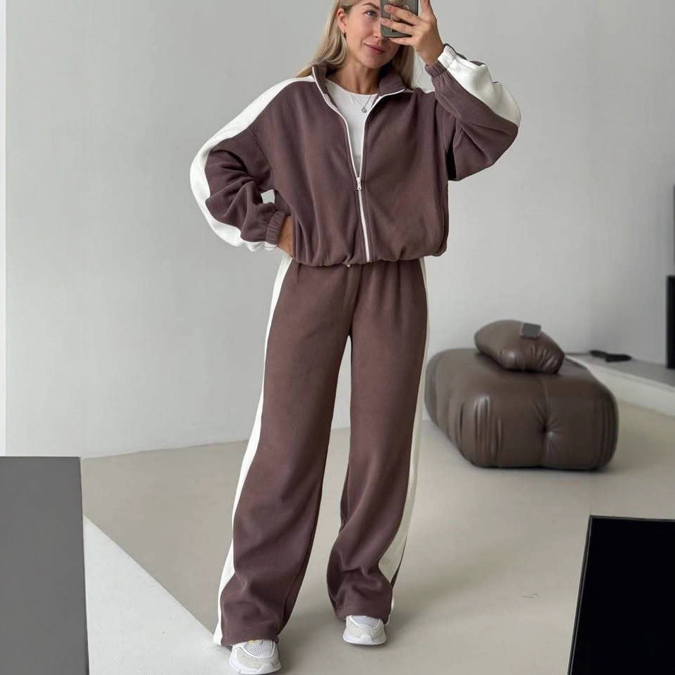 Damen Fleece-Jogginganzug Sportlich Mit Streifen Hocher Kragen