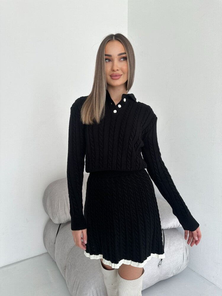 Damen Strickkleid Kragen Zopfdesign Eveloria