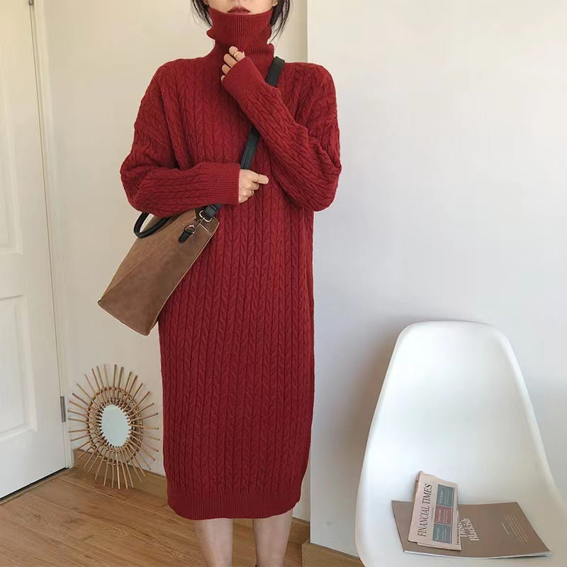 Damen Langkleid Strick Zopfmuster Hochkragen Eveloria