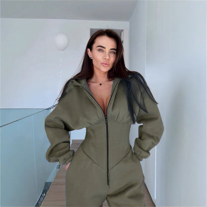 Damen Sportoverall Figurbetonter Stretch Höher Kragen Schwarz Eveloria - Eveloria