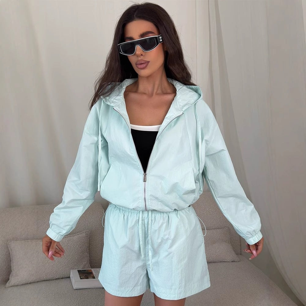 Damen Sportset Kurzarm Kapuzenjacke Elastischer Bund - Eveloria